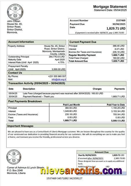 Liberia Central Bank of Liberia mortgage statement Word and PDF template